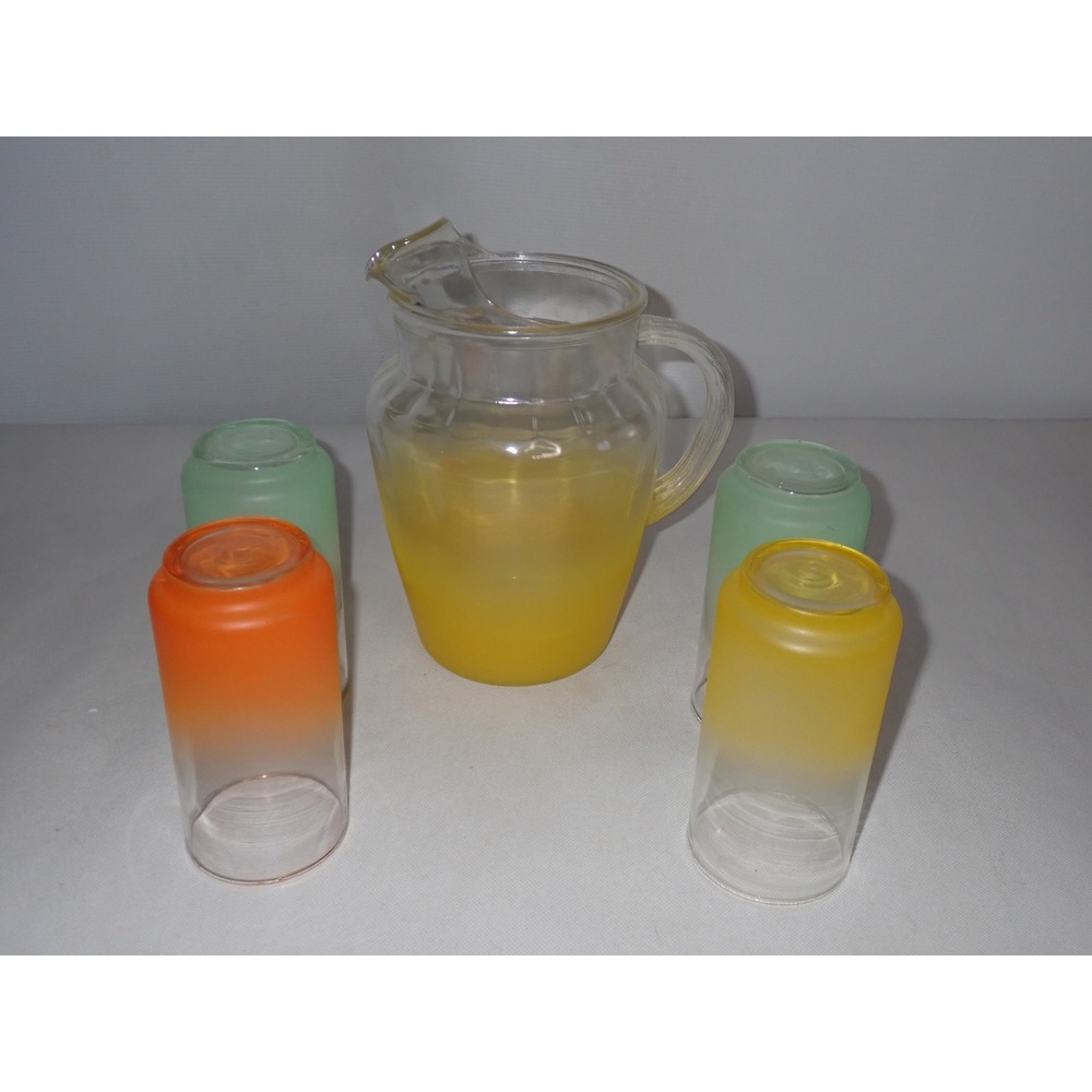 Vintage Frosted Ombre Glass Pitcher and 4 Tumbler Set Gold Rim Multi Color 5pc - Picture 5 of 15